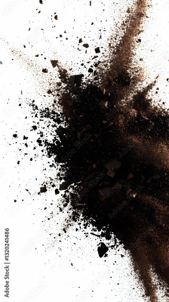 Poster dark brown substance explodes and splashes against white background, creating a dramatic abstract te