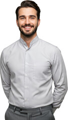 Confident Smiling Man in Stylish Light Grey Shirt Professional Portrait