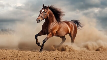 Obraz premium Horse galloping across an open field, powerful muscles in motion generative ai