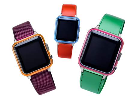 Floating modern smartwatches in different colors, isolated on white background