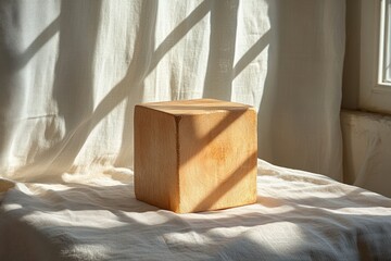 Minimalist Wooden Block Still Life on White Background with Natural Light and Shadows