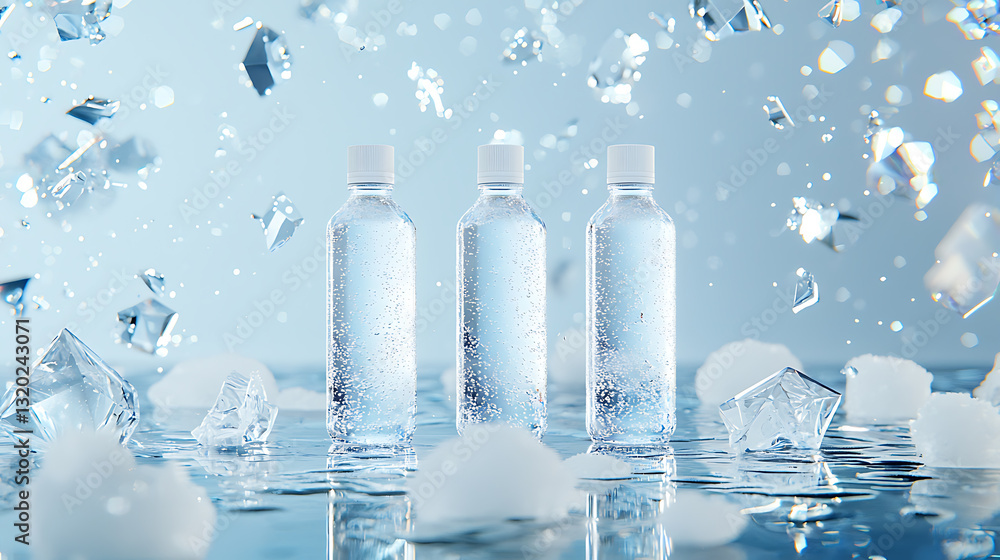 Poster refreshing water bottles splashing in ice-cube wonderland studio setting product photography chill e