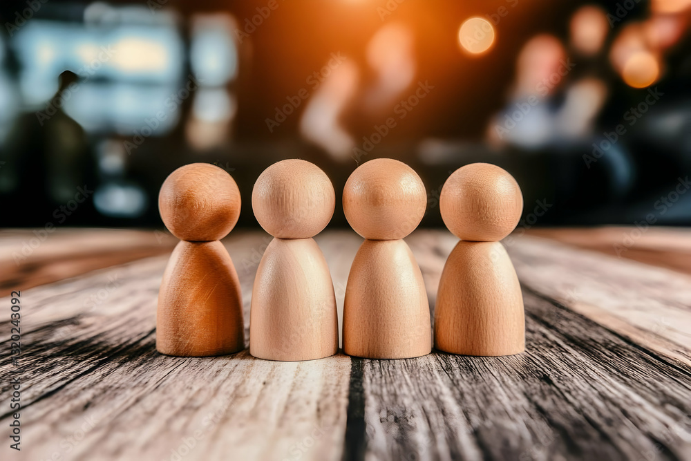 Poster four wooden figurines stand in a row on a rustic wooden table with a blurred background