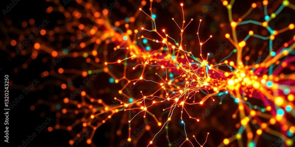 Poster intricate neural network visualized as glowing connections, neural, flow