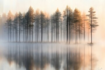 Serene Misty Forest Reflections in Tranquil Lake at Sunrise