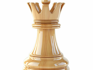 3D Render of a Polished Wooden Chess Queen Piece, Detailed and Realistic, Isolated on White Background