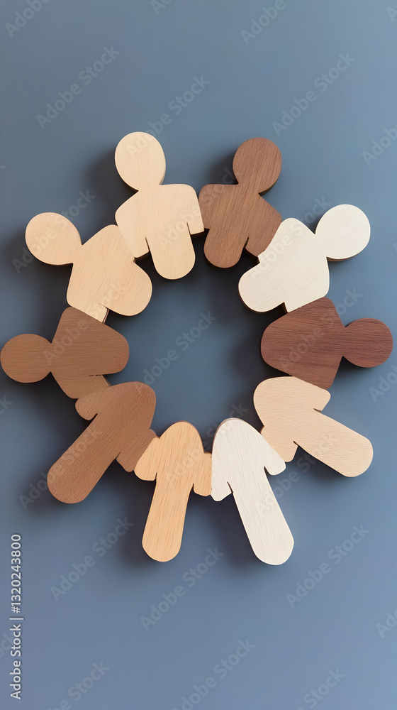 Poster wooden figurines forming a circle: abstract representation of unity and diversity on a gray backgrou