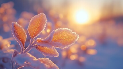 Fototapeta premium Frosted Leaves Illuminated by a Warm Winter Sun at Sunrise