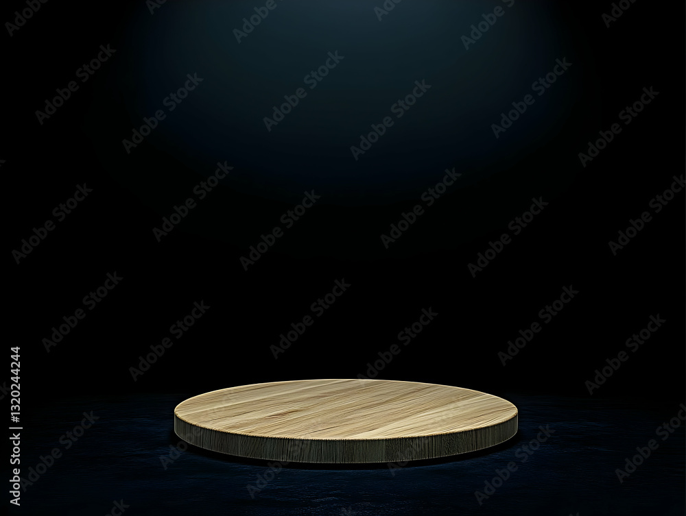 Poster 3d render of a circular wooden platform on a dark background, ideal for product displays or abstract