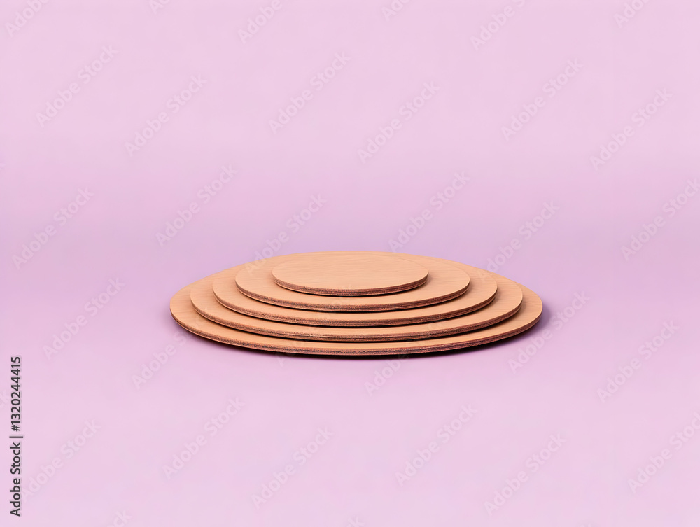 Poster layered wooden discs on lavender background: abstract 3d render of circular platforms for product di