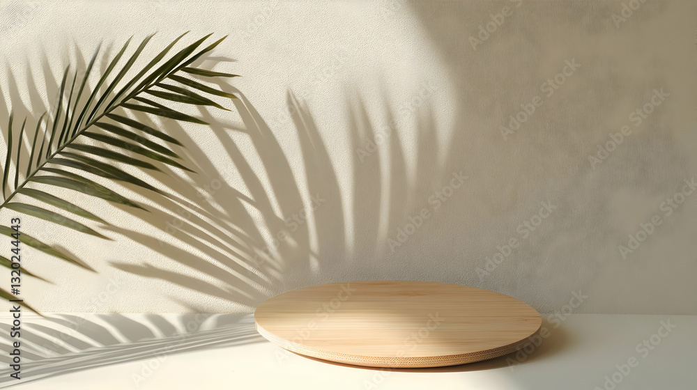Aufkleber wooden display platform with palm leaf shadow on beige background; minimalist product showcase with 
