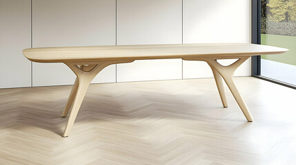 Modern Wooden Dining Table with Unique Legs sits on Herringbone Floor, Minimalist Interior Design.