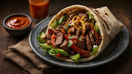 Delicious beef burrito overflowing with fresh vegetables and savory sauce