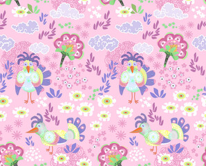 Easter Chicks Whimsical Floral Pattern Seamless Repeat