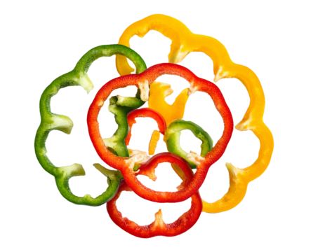 Sliced colorful bell peppers forming a pattern, isolated on white background