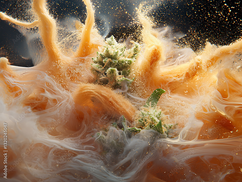 Poster dynamic fluid motion with cannabis and orange color explosion abstract art studio close-up view conc