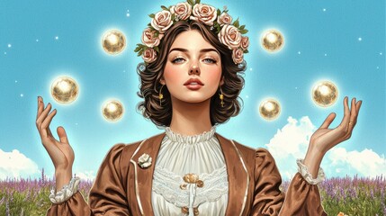 Naklejka premium Enchantress Juggling Golden Orbs in Lavender Field