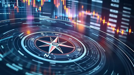 Intricate Blue Digital Compass Overlaying Financial Data Charts Indicating Directional Strategy and Economic Growth with Red and Blue Color Tones for Global Market Analysis - Powered by Adobe