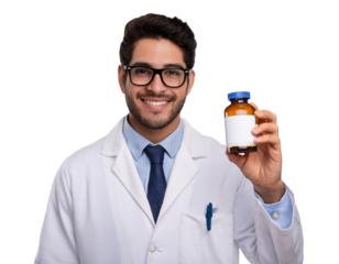 Young pharmacist holding a prescription bottle, isolated on transparent