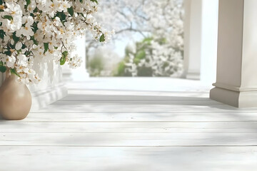White Wooden Porch with Blooming Flowers in Vase, Spring Background Illustration