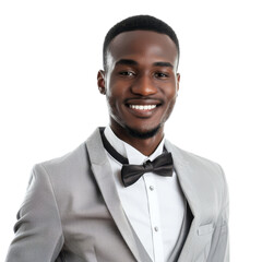Confident young man in formal attire smiling against a white background for portraits