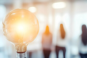 Bright Glowing Light Bulb Illuminates Blurred Office Background, Symbolizing Innovation and Ideas in a Modern Workspace.
