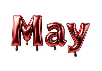 colorful may foil balloons on white background, month and date