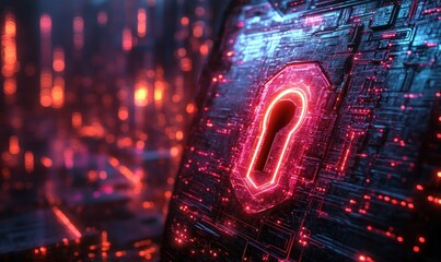 Cybersecurity Shield with Keyhole in Futuristic Cyberpunk Style