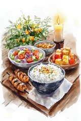 Watercolor painting of a warm and cozy iftar table setup, filled with dates, soup, and fresh bread. A soft lantern casts a gentle glow over the setting