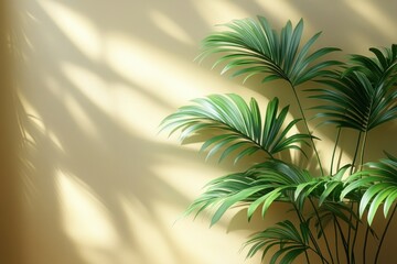 Minimalist Abstract Art Studio Background with Palm Leaf Shadows Natural Light and Grey Room for Product Presentation