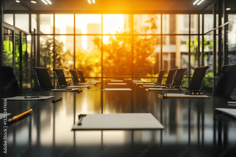 Poster 3d render of a modern conference room with a large window showing a cityscape at sunset, empty chair
