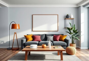 Modern living room with stylish decor, mock-up poster, wooden coffee table, and ball lamp, bright, living room