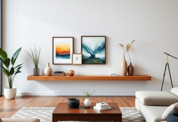 Modern living room, wood floating shelf with art & vases, shelf, vase display