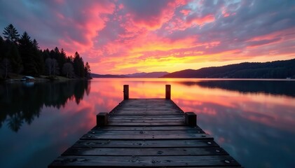 Obraz premium Old weathered dock at lakeside, breathtaking sunset hues , weathered, travel