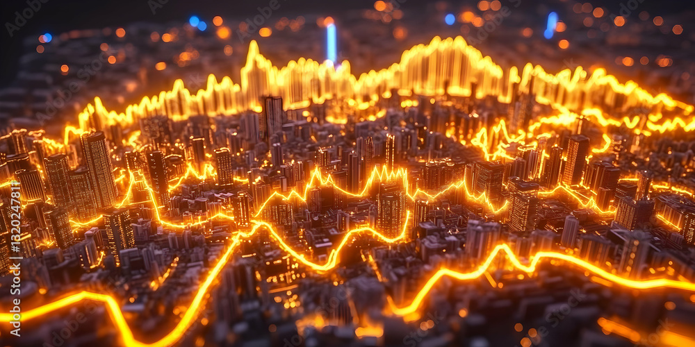 Poster 3d render of cityscape with glowing orange lines illustrating dynamic energy flow and urban developm