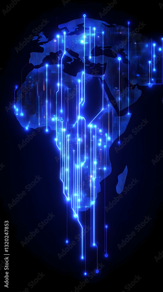 Poster abstract digital world map: glowing circuitry network illustration background