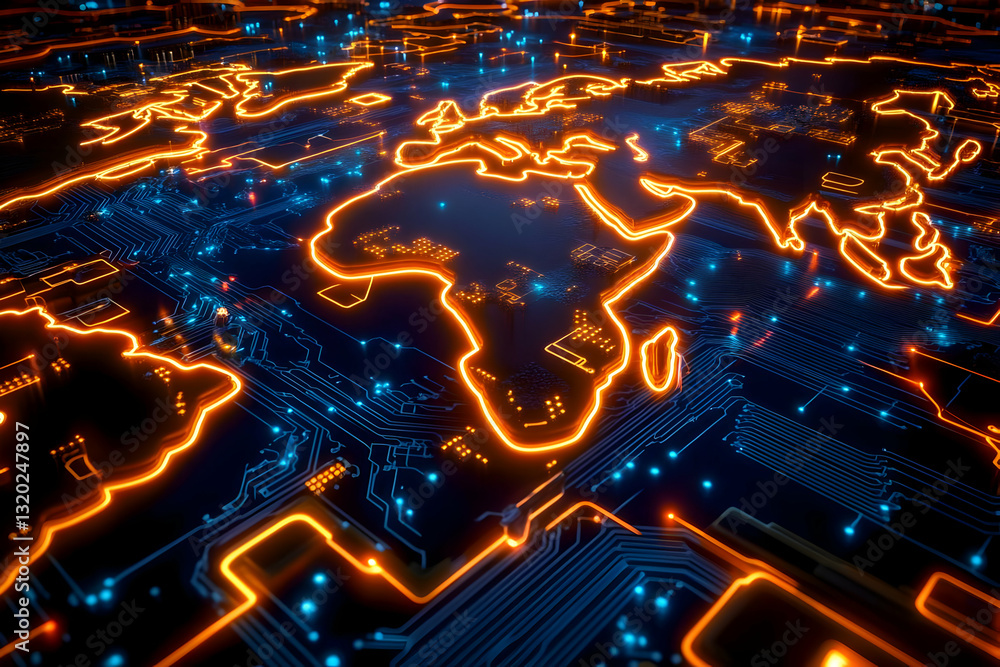 Poster 3d render of a world map on a circuit board, glowing neon lines, abstract technology background, fut