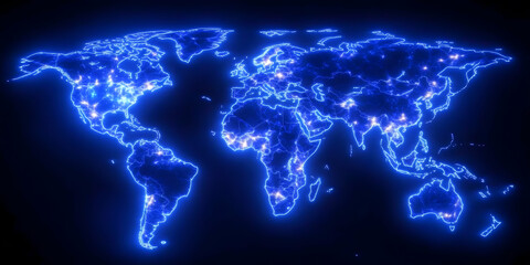 Glowing Blue Abstract World Map: 3D Digital Illustration of Global Network Connections