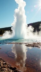 Obraz premium Steam rises from geyser reflecting in pristine pool , fantastic, magical, color