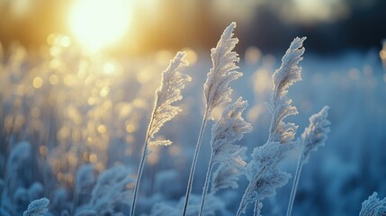 Fototapeta premium Sunlight shining on frosty reeds on a cold winter morning
