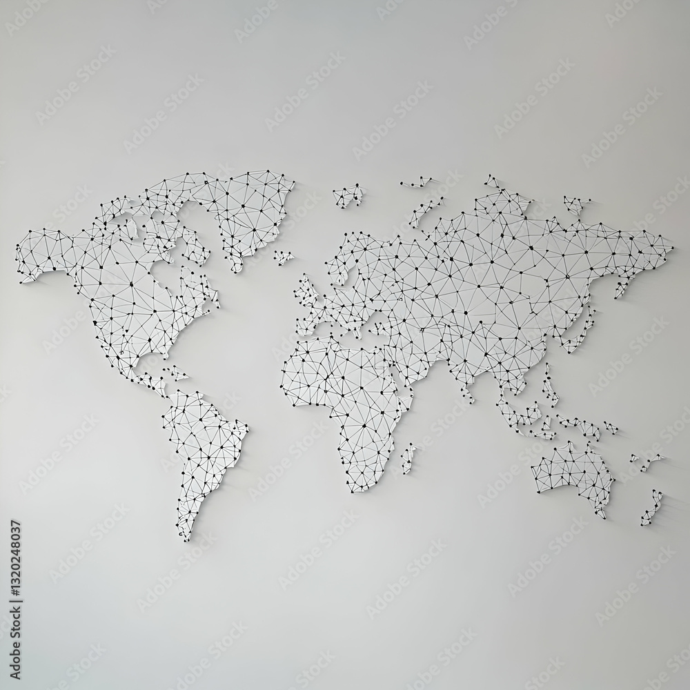 Poster abstract world map illustration: global network connectivity visualization on a light gray backgroun