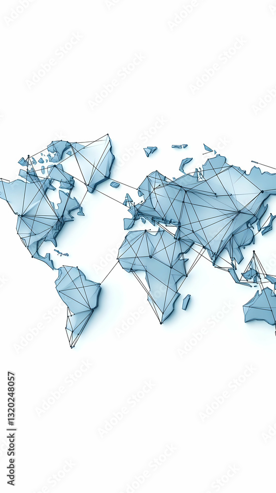 Poster abstract 3d world map illustration: global network connections visualization with polygonal continen