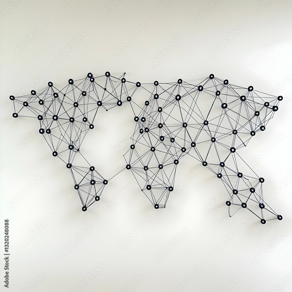 Poster abstract world map illustration: network of connected nodes, representing global connectivity and in