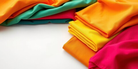 Neatly folded vibrant fabrics, assorted colors on white ,  colorful cloth,  colorful materials
