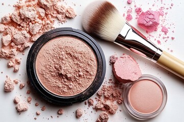 makeup products flat lay composition on white background with brush blush powder cosmetics