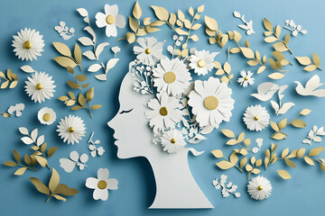 Elegant Papercraft: White Floral Design Adorns a Woman's Profile on a Blue Background