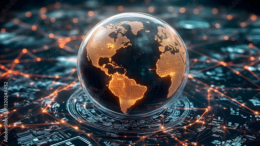 Poster 3d digital globe illustrates global network connectivity with illuminated lines, abstract background