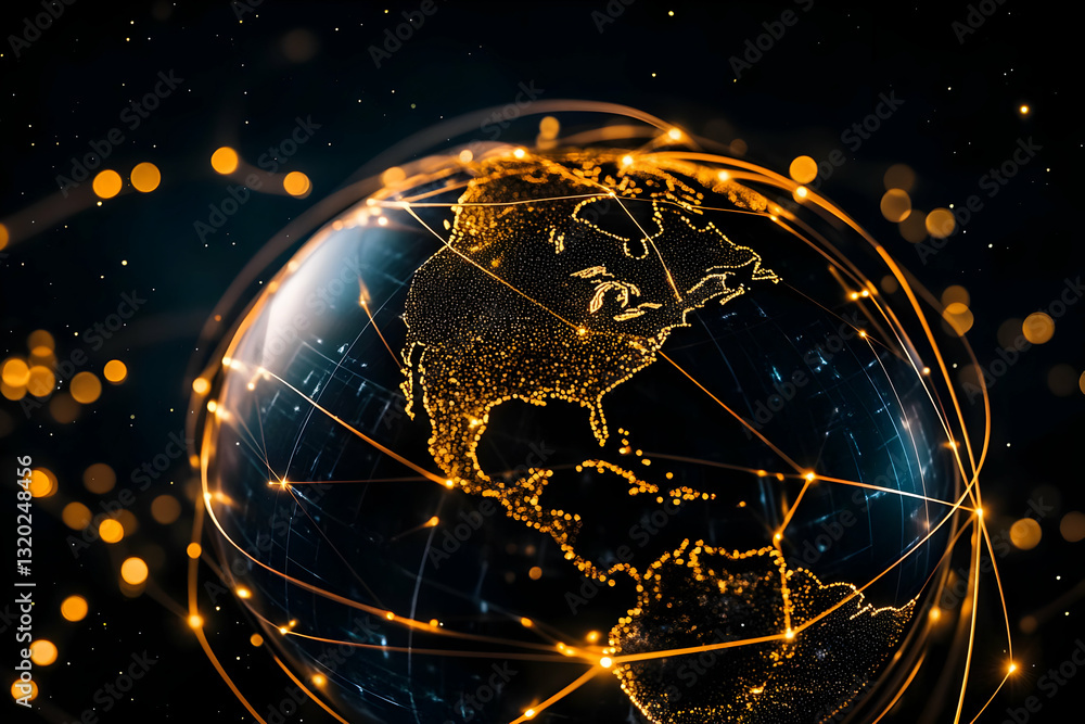 Poster 3d abstract golden globe background: illuminated network connections representing global interconnec