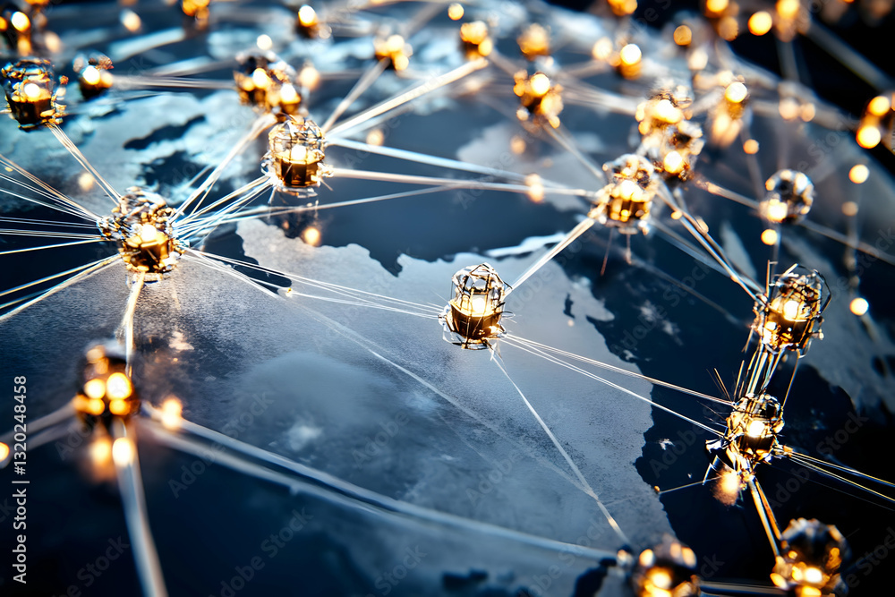Poster 3d abstract network illustration: illuminated nodes connected across a cracked globe background