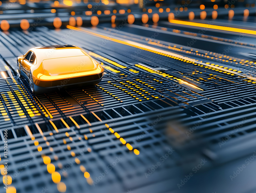 Poster 3d render of a futuristic yellow car traveling on a luminous grid abstract background